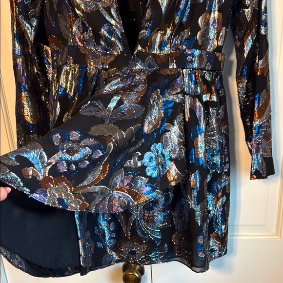 NWOT Gorgeous! Ramy Brook V-neck Wrap Mini Dress Multi Color Metallic on Black - Picture 6 of 14